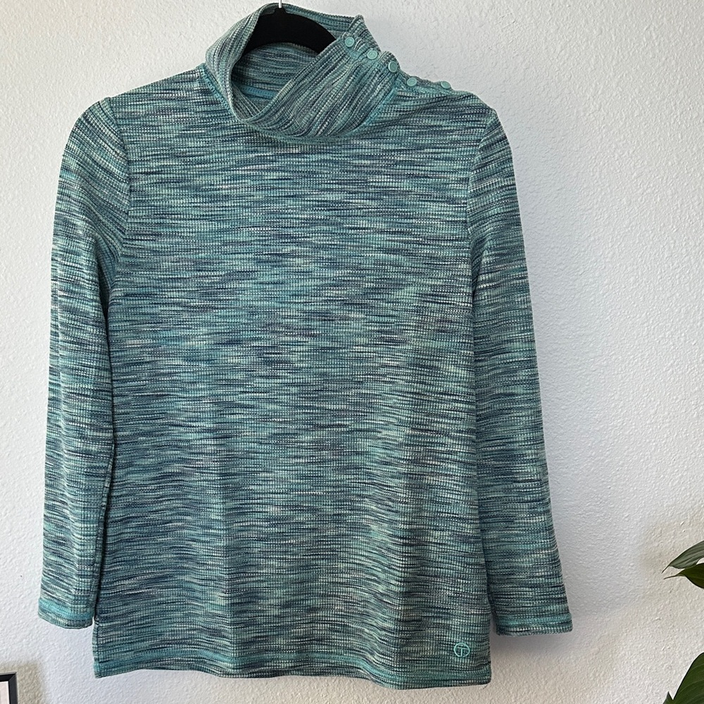 T by Talbots Petite Medium Teal Mock Neck Button Shoulder Waffle Knit Top
